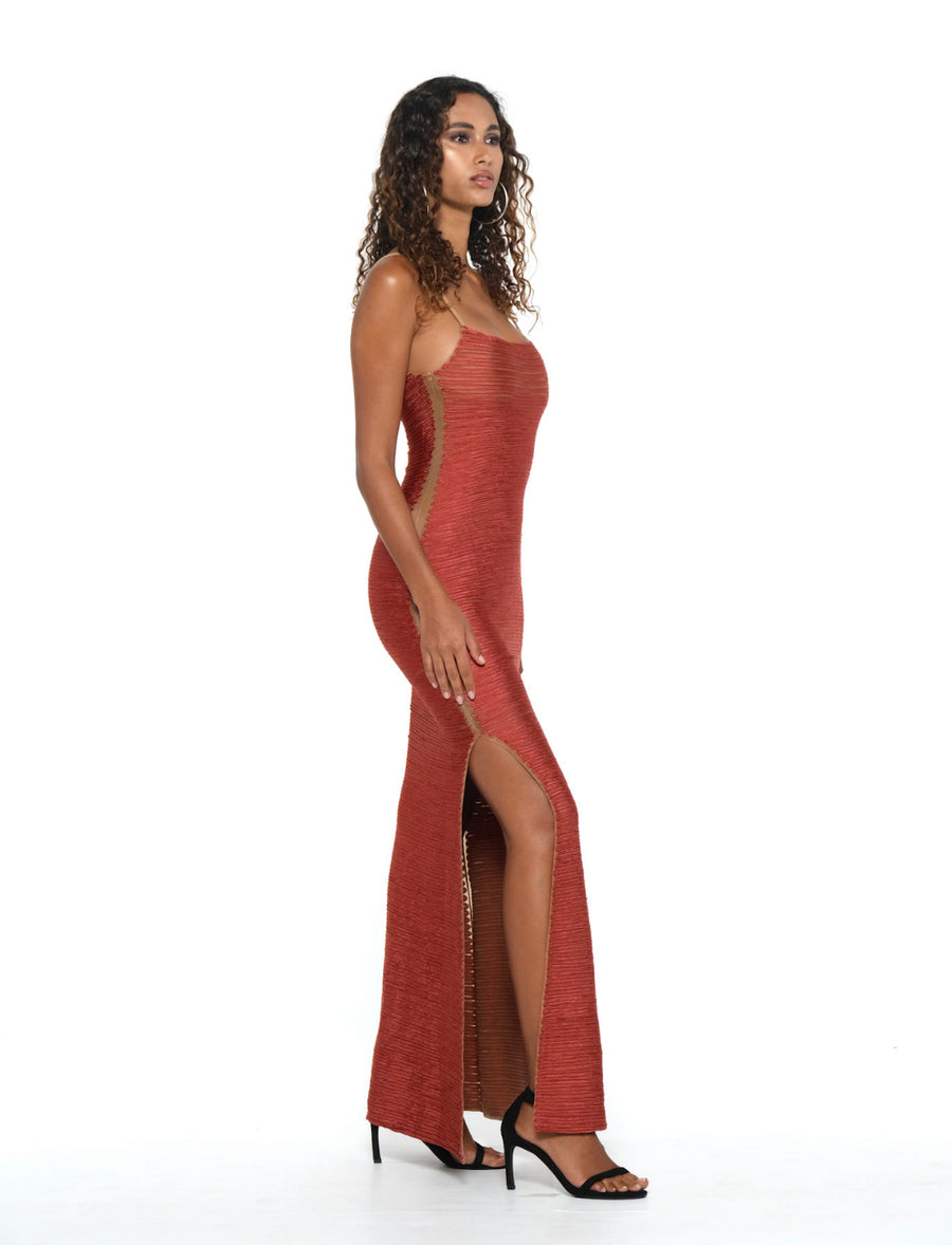 Selena Long Dress - Red & Nude