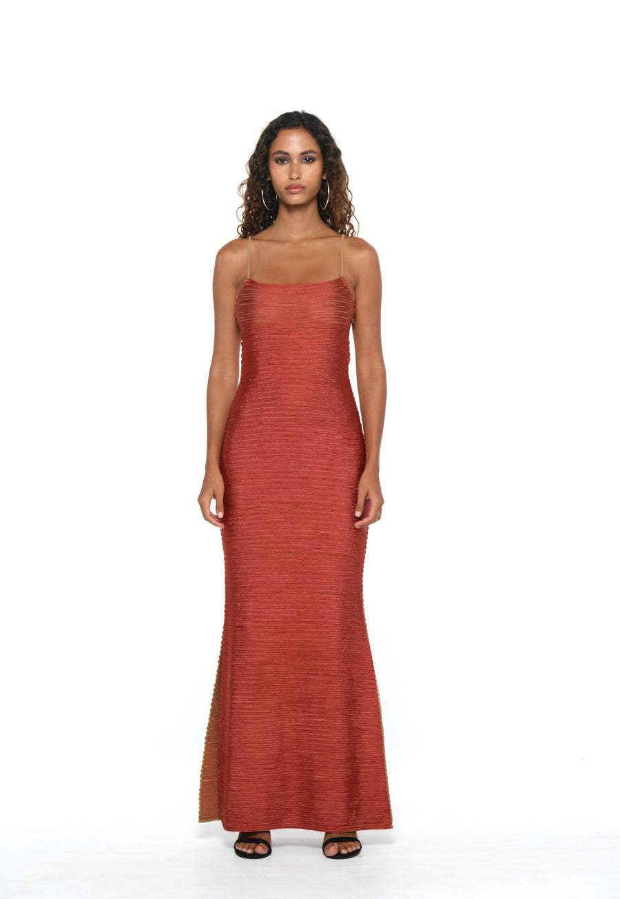 Selena Long Dress - Red & Nude